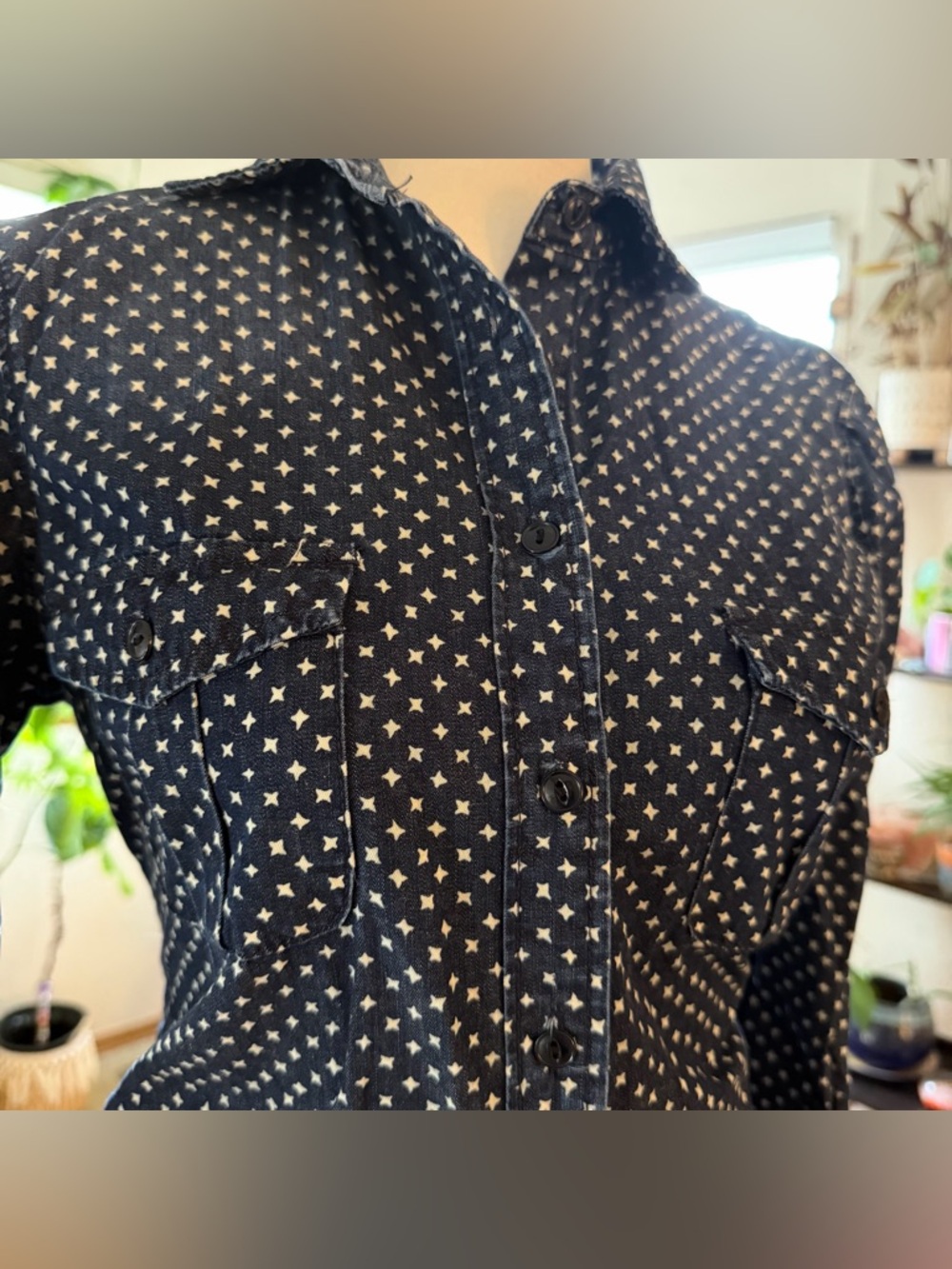 J.Crew Chambray Star Print Button-Up Blue Denim Shirt Patriotic Preppy Resort
